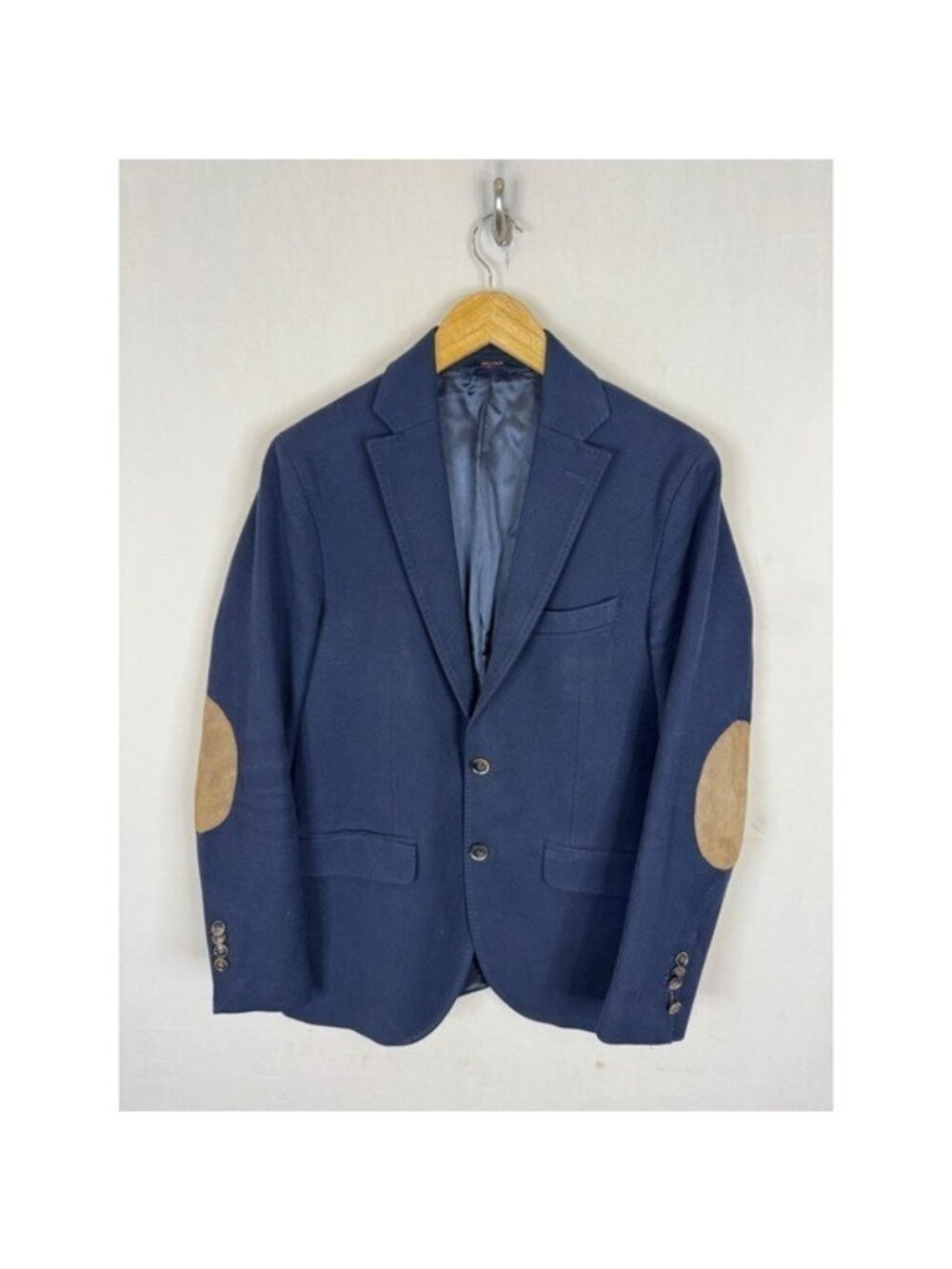 Massimo Dutti Mens Navy Blue Textured Blazer with Elbow Patches Size 38